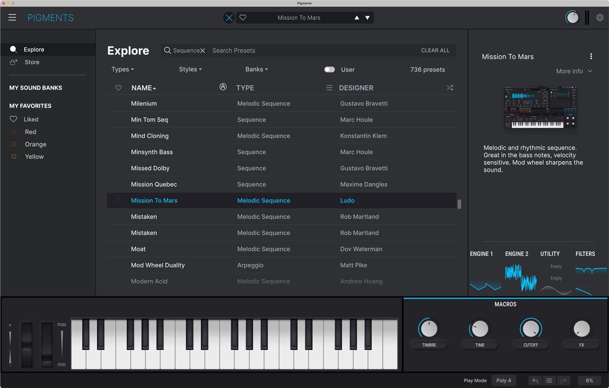 Arturia Pigments 4 Bedienoberfl&auml;che Preset Browser.