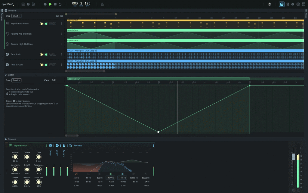 Der Arrangment-View in openDAW.