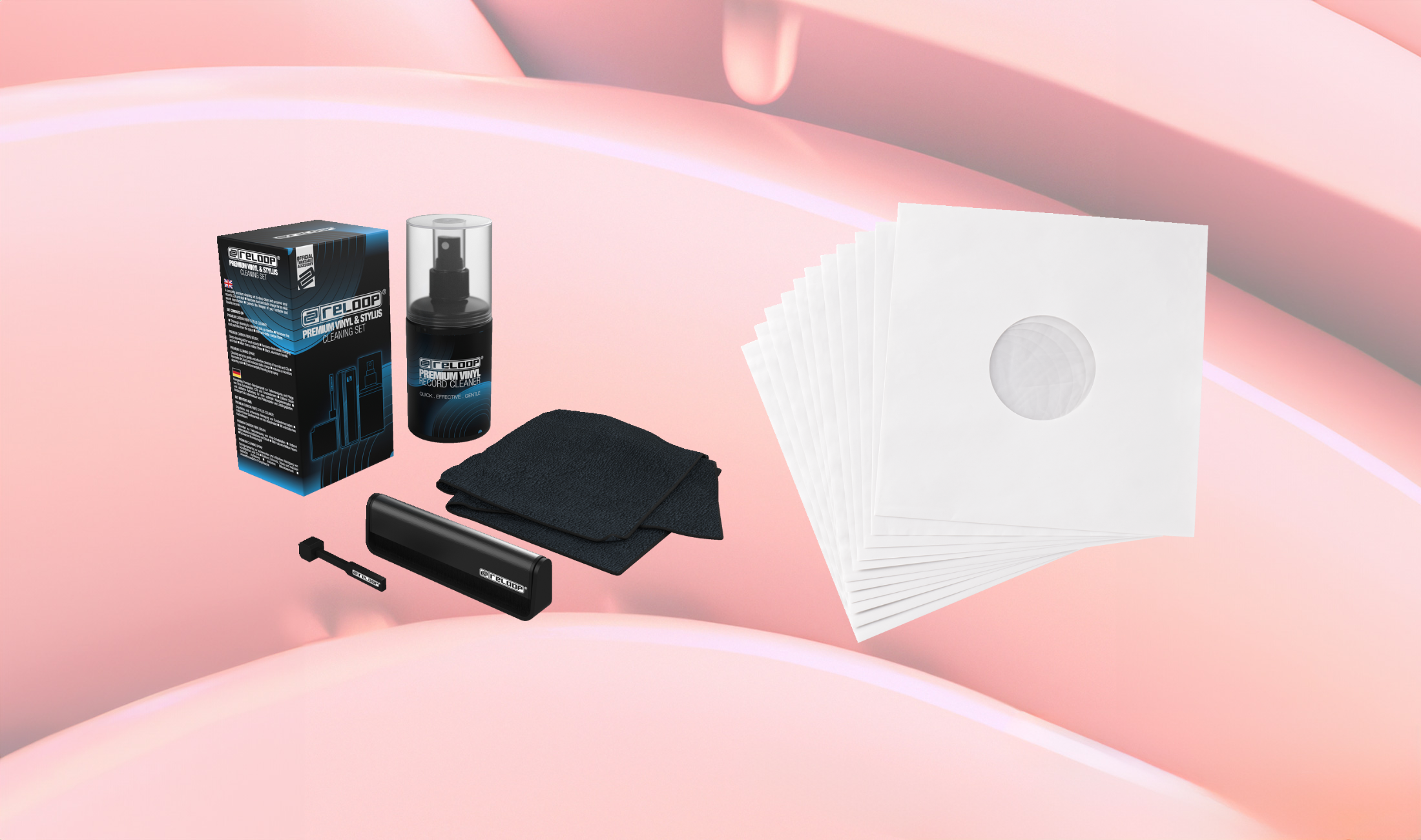 Reloop: Premium Vinyl & Stylus Cleaning Set und 12'' Vinyl Polylined Inner Sleeves