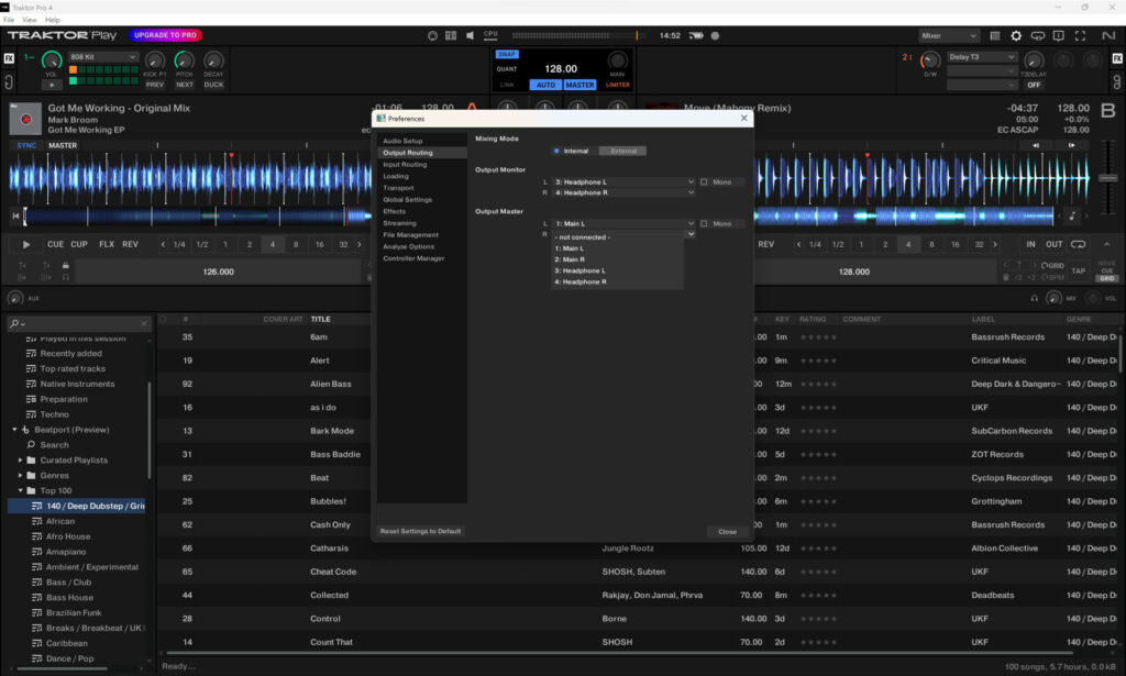 Externe Audiointerfaces werden unterst&uuml;tzt, es k&ouml;nnen separate Ausg&auml;nge f&uuml;r die Master- und Cue-Signale gew&auml;hlt werden.
