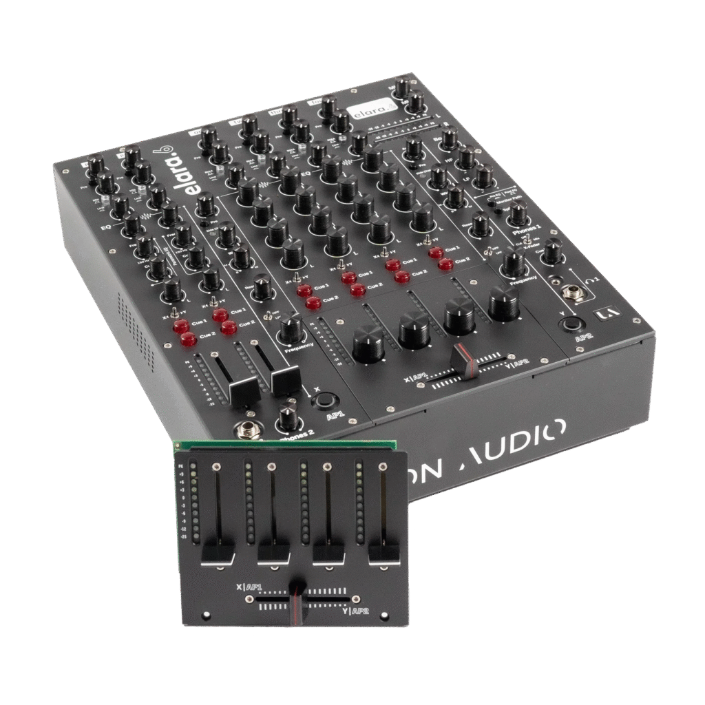 Union Audio elara.6 - Schr&auml;gansicht mit Fader-Board