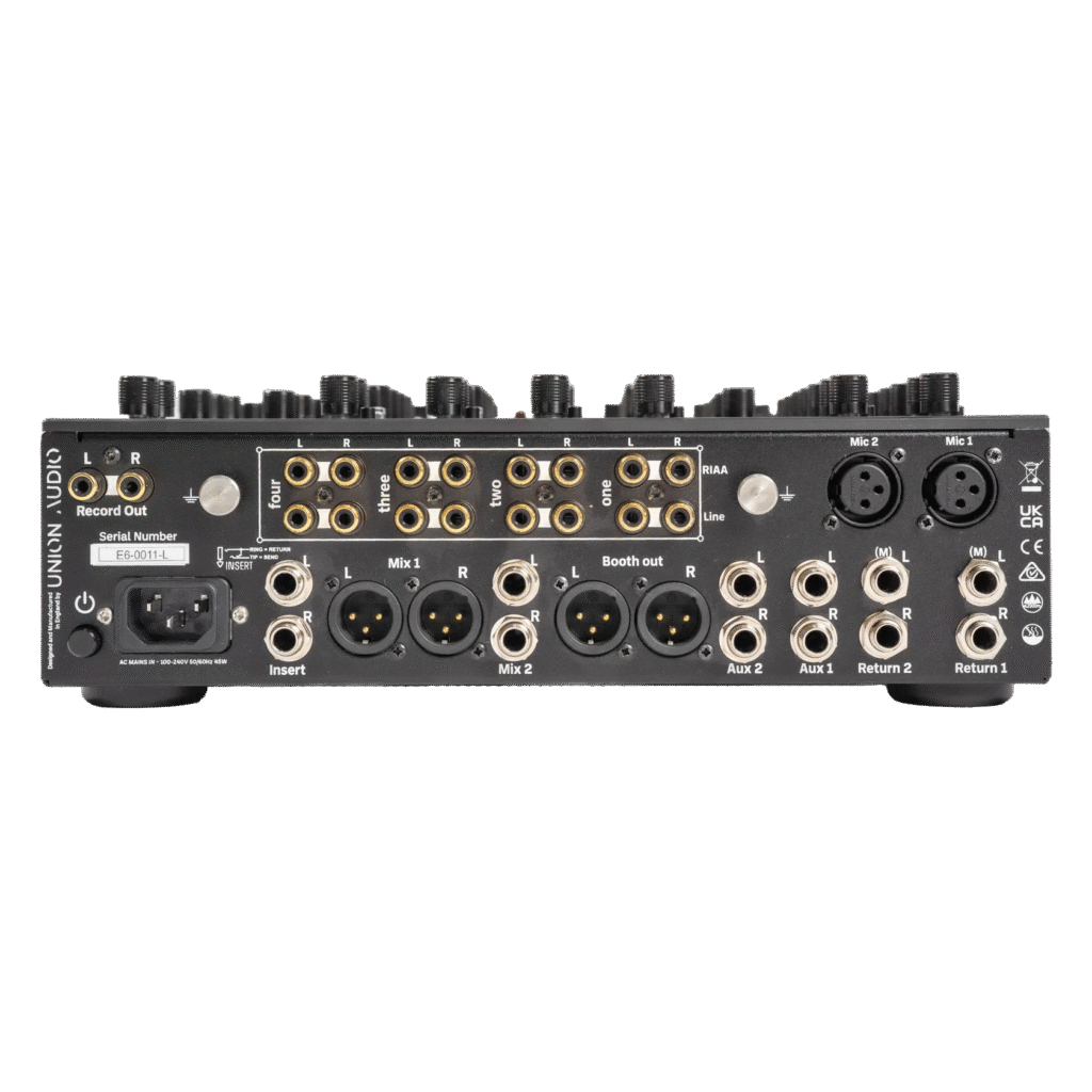 Der Mixer bietet eine Vielzahl analoger Anschl&uuml;sse und l&auml;sst sich in ein professionelles Setup einbinden.

Union Audio elara.6 - R&uuml;ckansicht