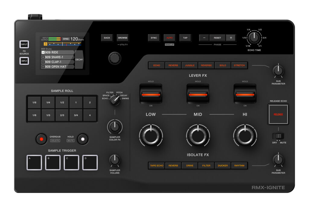 Der AlphaTheta RMX-Ignite ist ein gro&szlig; dimensioniertes DJ-Effektger&auml;t.

AlphaTheta RMX-Ignite - Draufsicht