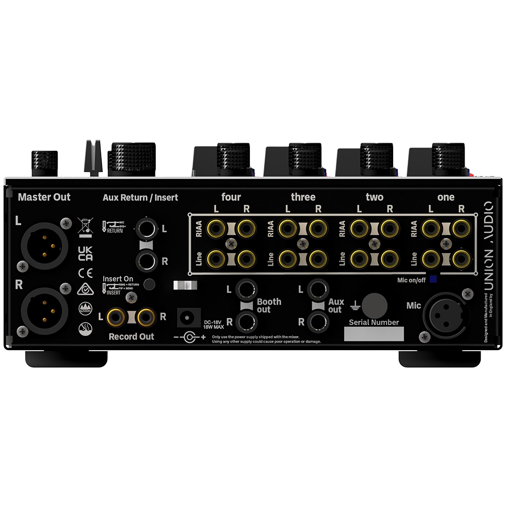 Die zweite Version des Mixers kommt mit zus&auml;tzlichen Phonoeing&auml;ngen und einem Mikrofonanschluss.

Union Audio elara.4 MK2 - R&uuml;ckansicht