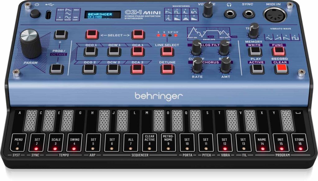 Neben der digitalen Klangerzeugung verf&uuml;gt der CZ-1 mini &uuml;ber einen analogen Chorus-Effekt sowie einen integrierten Arpeggiator und einen 16-Step-Sequencer.

Behringer CZ-1 mini von vorne oben.