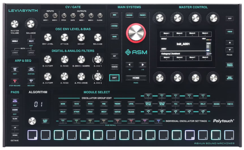 Dank seines robusten Metallgeh&auml;uses und der hochwertigen Bedienelemente erweist sich der ASM Leviasynth als wertiger Synthesizer. ASM Leviasynth von oben.