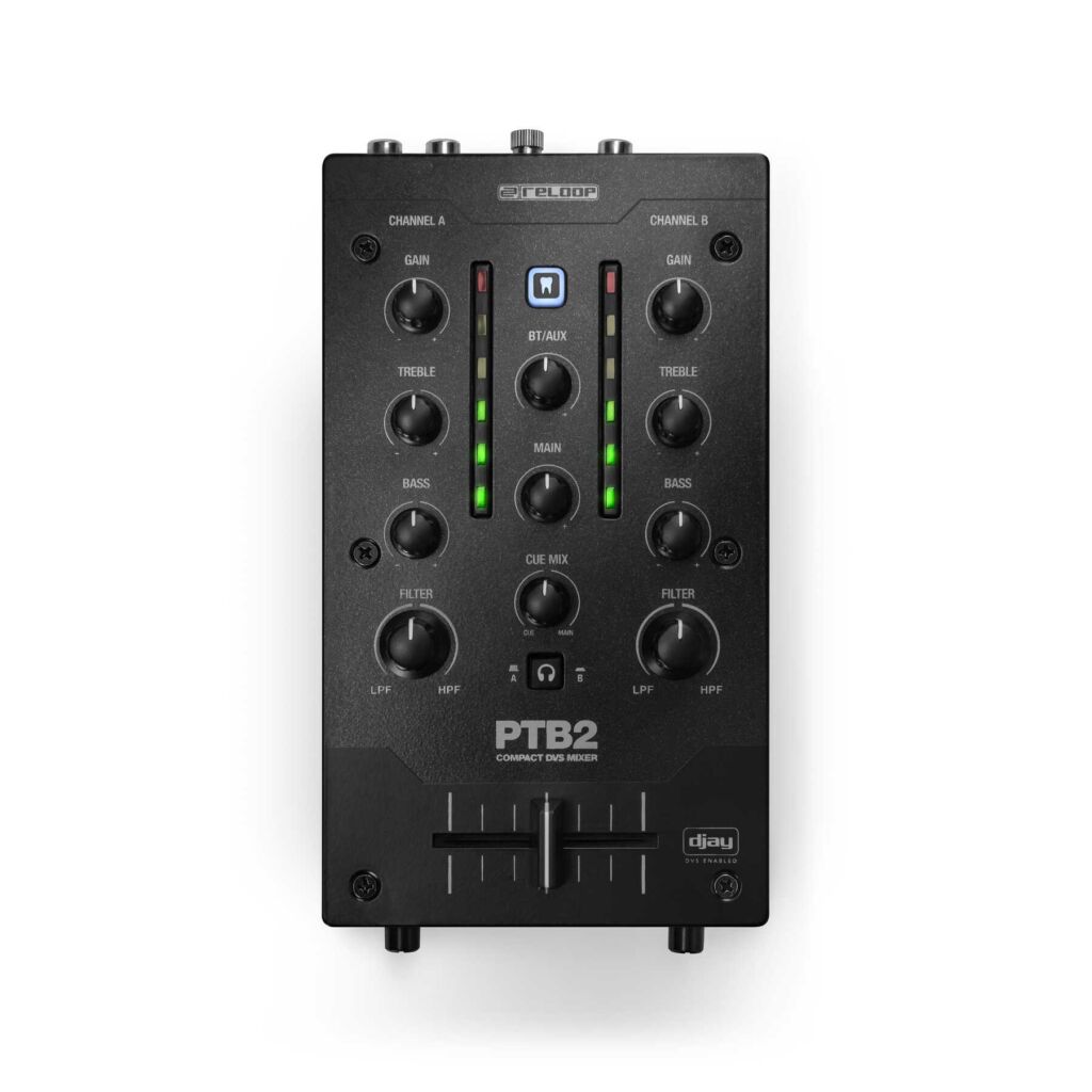 Der Reloop PTB2 ist ein 2+1-Kanalmixer im Hosentaschenformat.

Reloop PTB2&nbsp; - Draufsicht