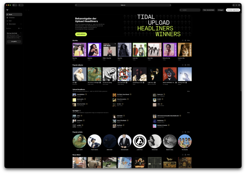 Tidal ist ebenfalls recht breit aufgestellt, zum Auflegen benötigt man die aufpreisplfichtige