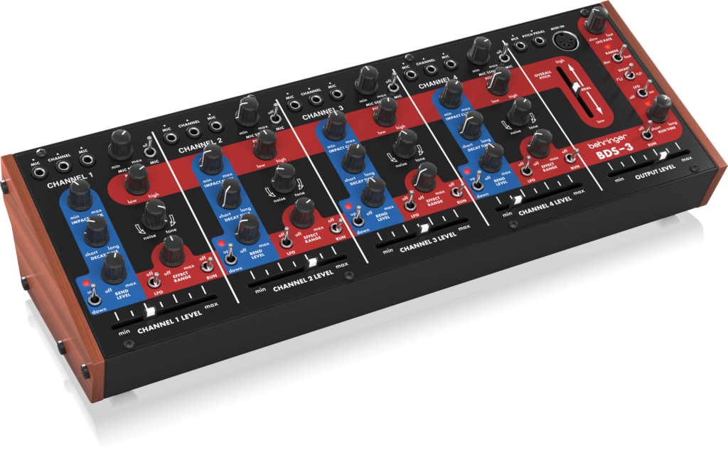 Der Behringer BDS-3 ist ein charakterstarker analoger Percussion-Synthesizer, der mit seinen vier identisch aufgebauten Kanälen und 57 Bedienelementen eine intuitive Klanggestaltung im Stile der späten siebziger Jahre ermöglicht.
Behringer BDS-3 schräg von vorne oben