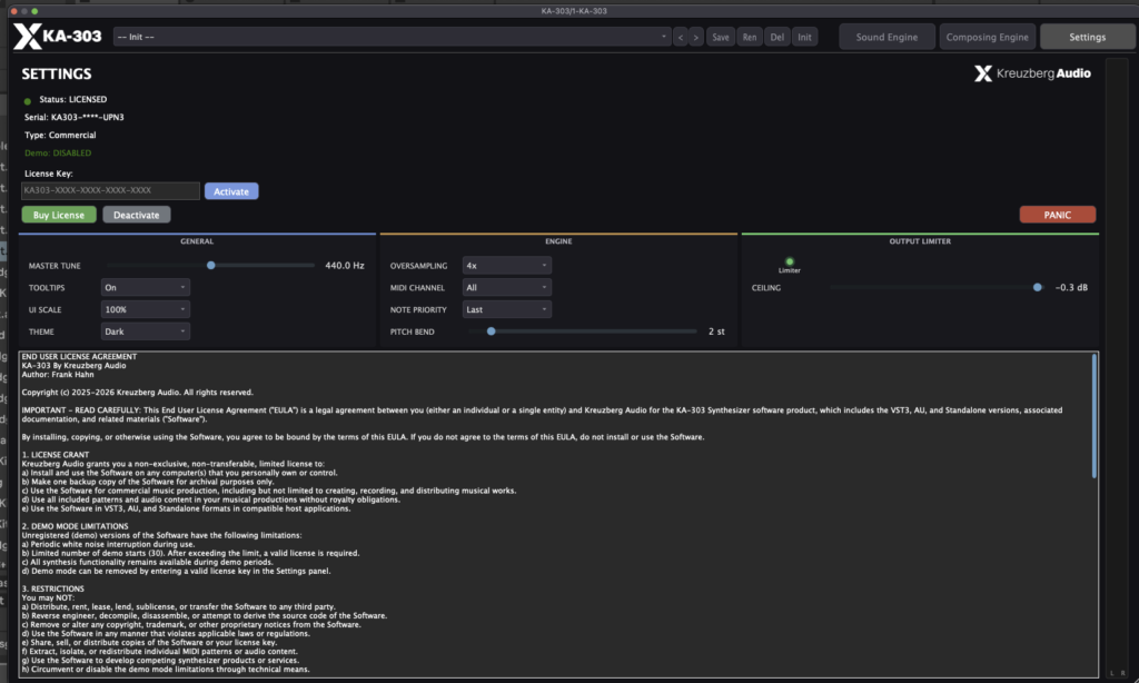 In den Settings lassen sich der Limiter und weitere Komponenten aktivieren.
KA-303 - Settings