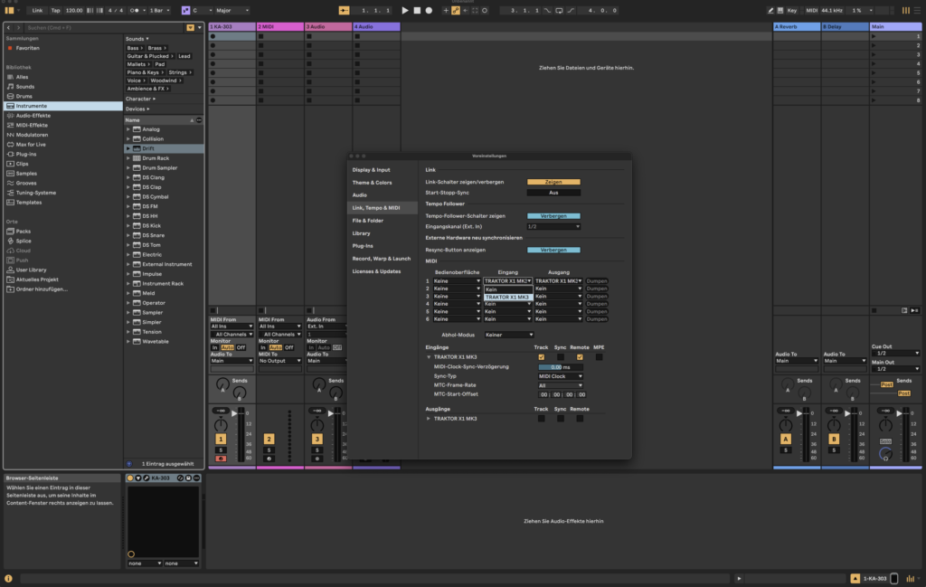 Aktivierung eines MIDI-Controllers in Ableton Live.
Ableton Live - Einstellungsmenü