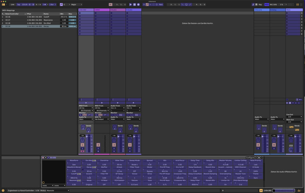 Programmierung der MIDI-Fernsteuerung in Ableton Live.
Ableton Live - MIDI Learn