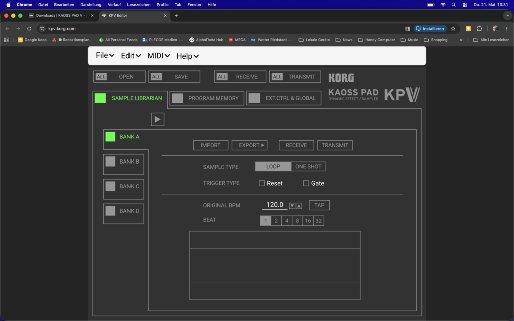 Der Editor ist exklusiv mit dem Crome-Browser nutzbar und erlaubt die Übertragung von Samples.
Korg Kaoss Pad V - Editor