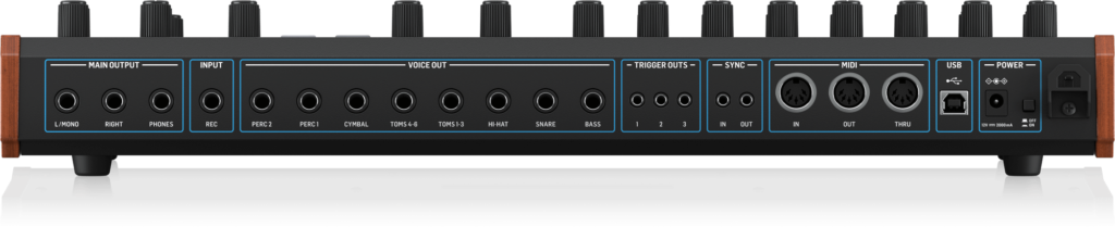 Der Behringer BMX verfügt neben individuellen Instrument-Outs sowohl über Trigger- und Sync-Schnittstellen als auch über eine vollwertige MIDI-In/Thru/Out-Konnektivität.
Behringer BMX von hinten.