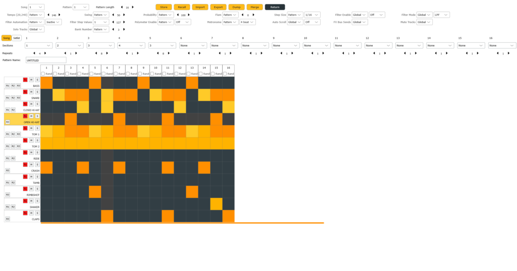Über die hauseigene Synthtribe Software von Behringer lassen sich Sequenzen auch bequem am Computer erstellen und bearbeiten.
Screenshot von der Synthtribe Sequencing-Page.