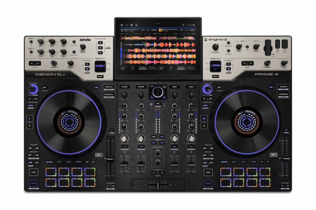Das Standalone-DJ-System Denon DJ Prime 4 G2 bietet vier Kanäle. Denon DJ Prime 4 - Draufsicht