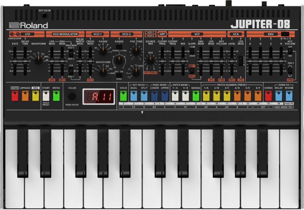 Die Oberfl&auml;che und der Signalweg orientieren sich strikt am Original, nur eben in einem kleineren Format.

Roland Jupiter-08 von oben.