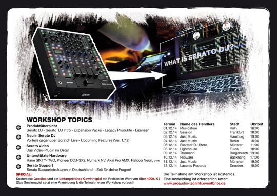 Hier findet ihr die Stops der Serato Workshopour.